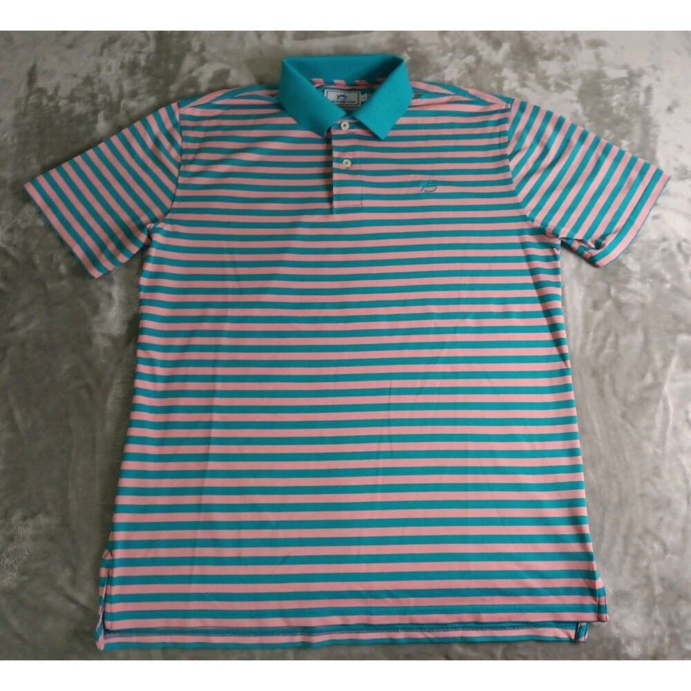Southern Tide Polo Shirt Mens Medium Teal And Pink Striped Preppy